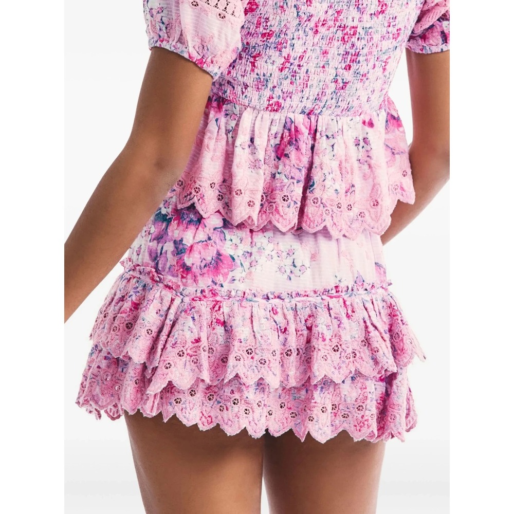 Loveshackfancy Cairo SkirtGarden Glow Pink Large Floral Mini Tiered Ruffled - Picture 3 of 11